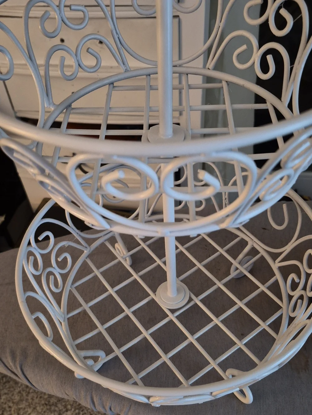 White Metal Scrollwork Princess  2-Tiered Basket Fruit Bowl Holder Decor